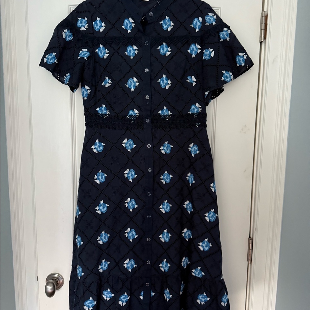 Shoshanna Blue A-Line Midi Dress with Peter Pan Collar